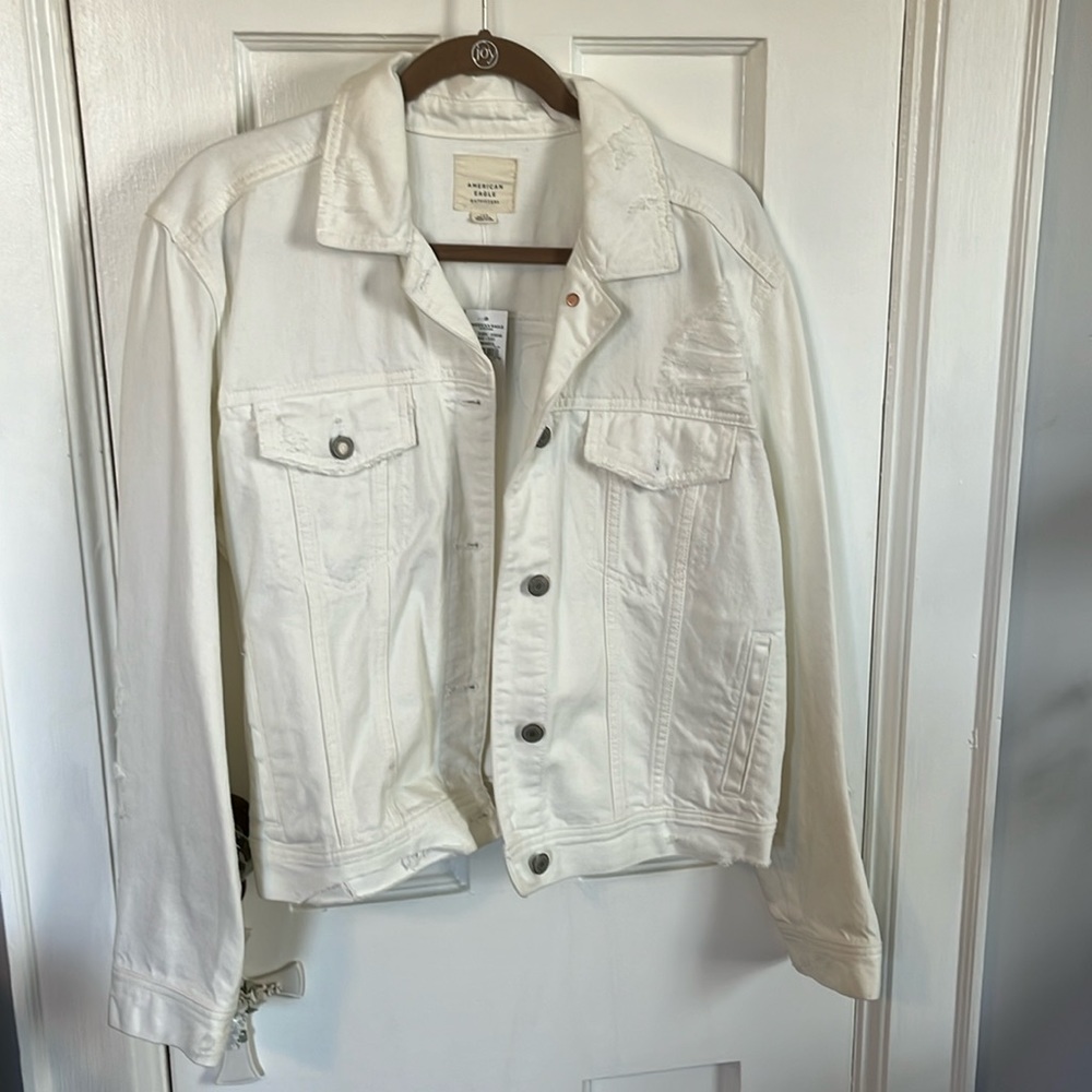 American Eagle L white distressed look denim jacket brand new with tags